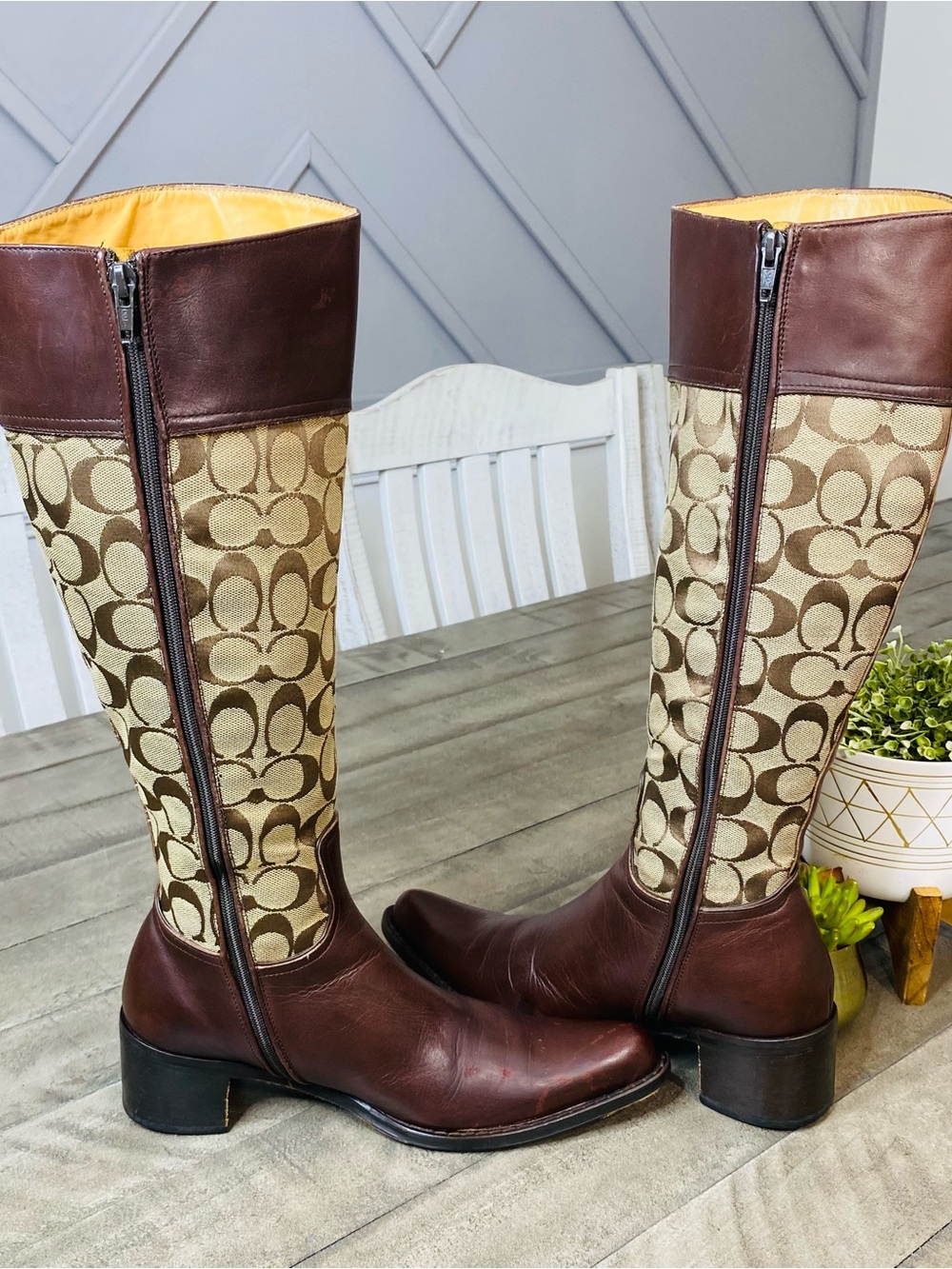 Coach Chrissi Signature Jacquard Leather Tall Riding Boots Brown Burgundy Sz 8 - Picture 6 of 10